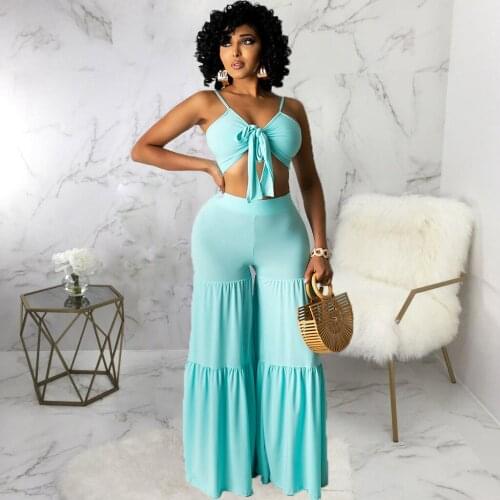 Beach Style Two Pieces Set Women Summer Spaghetti Strap Bow Tie Crop Top and Ruched Wide Leg Trouser Blue Orange Holiday Outfit