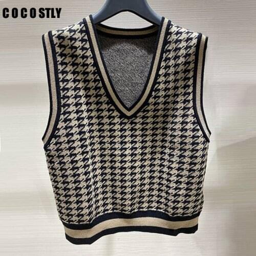 Za Women Sweater Vintage V Neck Houndstooth Plaid Knitting Vest Sweater Female Sleeveless Casual Chic Pullovers Waistcoat Tops