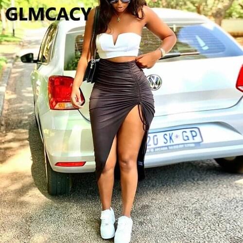 Women High Waist Pleated Bodycon Slit Skirts