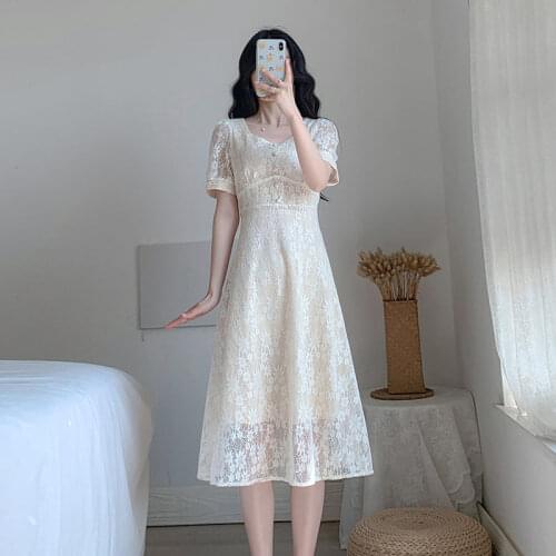 Summer New Vintage Womens Apricot Lace Dress Fashion Short Sleeve Sweet Pearl Clasp Lady High Waist Elegant Slim A-Line Dress