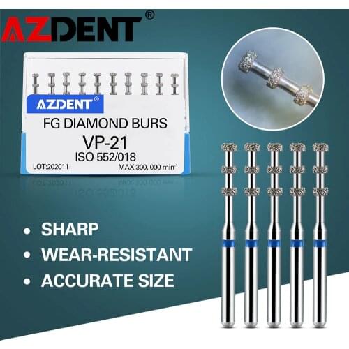AZDENT Dental FG Diamond Burs For High Speed Handpiece VP-21 Depth Marking Medium Grit 1.6mm