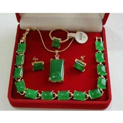 Free Shipping Beautiful green jade Necklace Pendant Bracelet Earring Ring Jewellery set