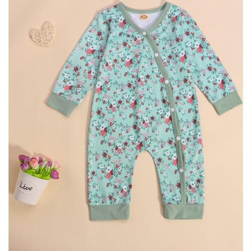 Spring Fall Baby Fashion Cute Romper Toddler Girls Flower Print V-Neck Long Sleeve Jumpsuit 0-24 Months Green
