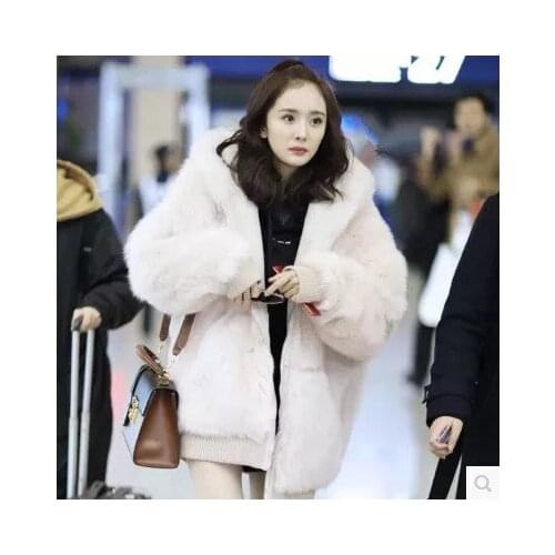 Top brand Autumn Women New and Winter Pink Faux Fox Fur Coat with a Hood 18M6 high quality