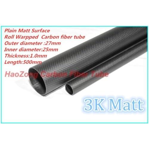 Matt 2 pcs 27MM OD x 25MM IDx500MM Carbon Fiber Tube 3k with 100% full carbon, (Roll Wrapped) Quadcopter Hexacopter Model 27*25