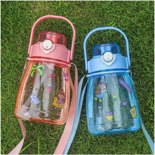 Cartoon Cute Summer Portable Big Belly Water Cup Portable Test Strap Net Red Space Cup Large Capacity Sticker Water Bottle