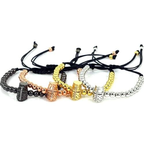 New Arrive Men Bracelets & Bangles Friendship Power Gift 24k Gold Color Stainless Steel Beads Pave CZ Helmet Head Bracelets