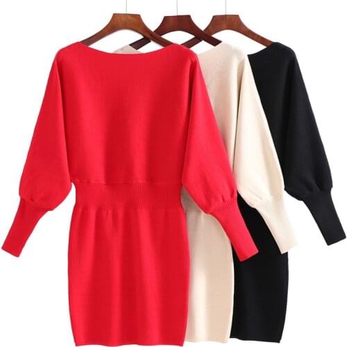 Autumn and winter new bat sleeve elastic waist large size sweater Slim package hip knit dress (9 colors optional)