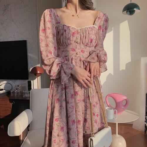 Elegant Vintage Floral Print Chiffon Long Dress Women Buttons Slim Waist Vacation Boho Beach Dress Robe Longue Vestido