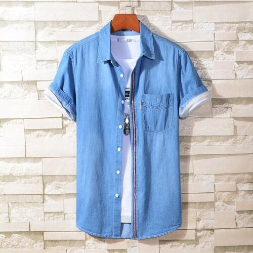 Blue Black MenS Business Denim Short Sleeve Shirt Classic Pocket Decoration Fashion All-Match Cowboy Jacket Male Brand Tops