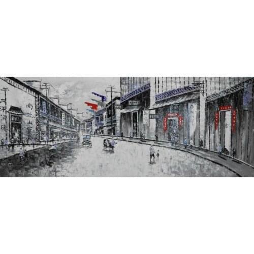 HandPainted White & Black China Shanghai Street Landscape Oil Canvas Painting Abstract Wall art Picture Painting for Living Room