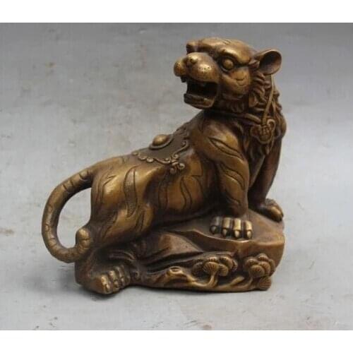 RHS0186 10" lucky Chinese Bronze Animal Ferocity Phylactery Tigre Tiger Lion Leo Statue