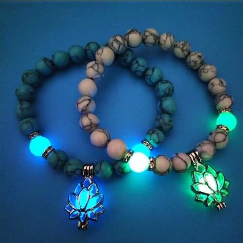 Luminous Natural Stones Glowing In The Dark Bracelet Lotus Flower Shaped Charm Bracelet for Women Yoga Prayer Buddhism Jewelry
