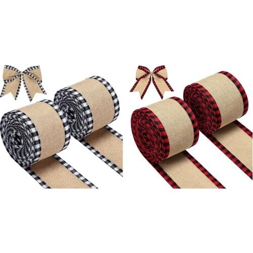 Buffalo Plaid Wired Edge Ribbons Christmas Burlap Fabric Craft Ribbon Wrapping Ribbon Rolls With Checkered Edge