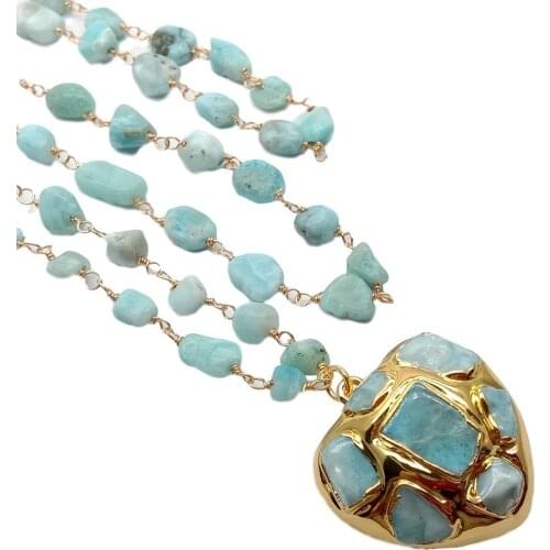 YYGEM 3 Strands Natural Blue Larimar Rosary Chain Necklace Heart-Shaped Larimar Pendant statement necklace for women 18