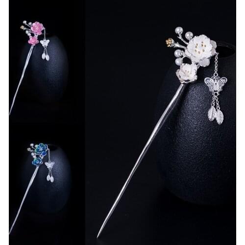 1pcs S925 Silver Tassel Flower Hairpin Ancient Style Hanfu Headdress Step Shake Hair Stick Decor Accessories Women Girl Gift
