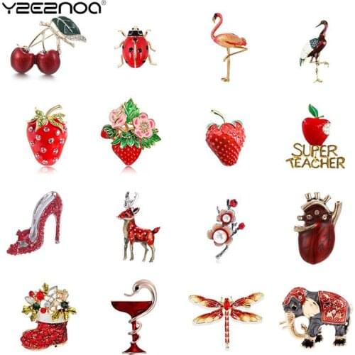 Red Rhinestone Brooch Enamel Strawberry Brooches For Women Red Pomegranate Bouquet Flower Weddings Party Brooch Pins Gifts