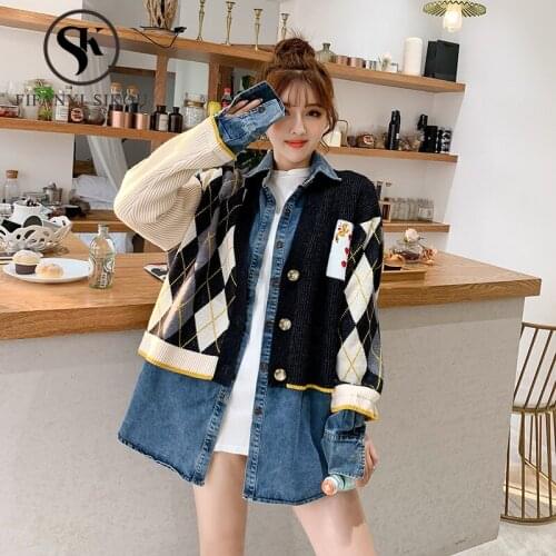 Korean style Denim Jacket Women Knitting Spliced Long sleeve Jeans Coat Autumn New Fashion Loose Jeans Jacket Casual Outerwear