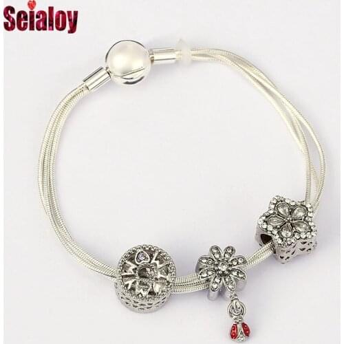 Seialoy Fashion Multi Snake Chain Bracelets For Women Girl Original Flower Ladybug Charm Mom Bead Bracelet & Bangle Jewelry Gift