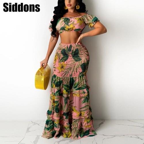 2 Piece Set Women Floral Printed Off Shoulder Tube Top & Maxi Skirt Set Casual Elegant Sets for Women Beach Holiday Party Set