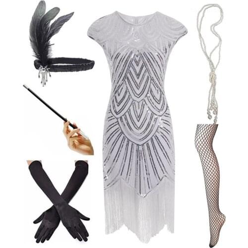 Womens Vintage Lace Sequin Beaded Fringed Roaring Gatsby Theme 1920s Tassels Hem Flapper Dress with 20s Accessories Set