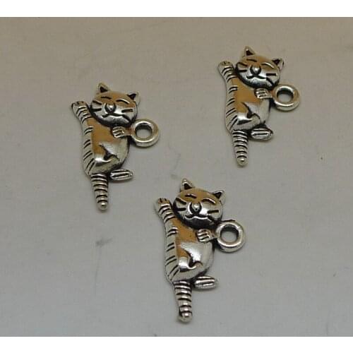 ALYMMO 8Pcs/lot Vintage Silver 20x10mm Cat Charms Happy Kitten-Kitty Charms DIY Cartoon Animal Pendant A6083