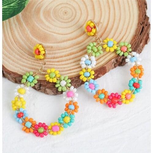 Boho Flower Hoop Earrings Exaggerate Round Colored Beads Earrings Korea Eleagnt Big Earring Accessaries 2021 Summer Jewelry