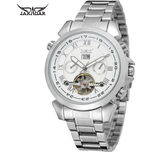 Jaragar Simple Luxury Silver Hollow Multifunctional Automatic Mechanical Men Watches Waterproof Steel Band Clock Wristwatch Male