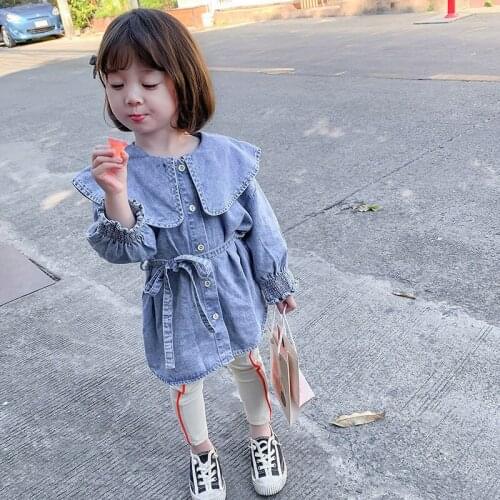 Girls Denim Shirt Spring 2021 New Korean Version Of The Female Baby In The Long Jacket Little Girl Coat Tide