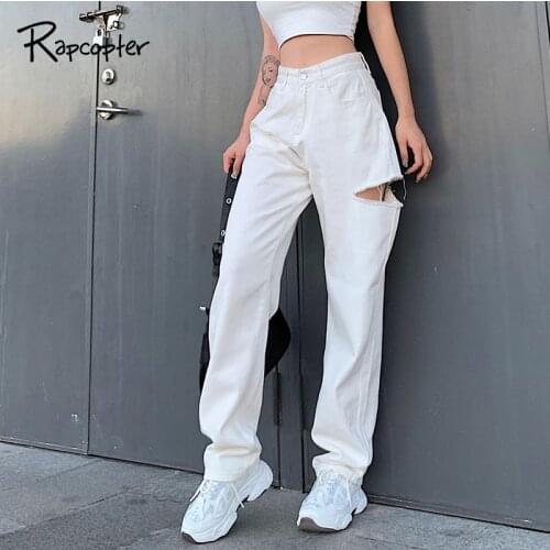 Rapcopter Cut Out Women Jeans Pants Zip High Waist Denim Pants Loose Straight Jeans Korean Streetwear Harajuku Autumn Cargo Pant