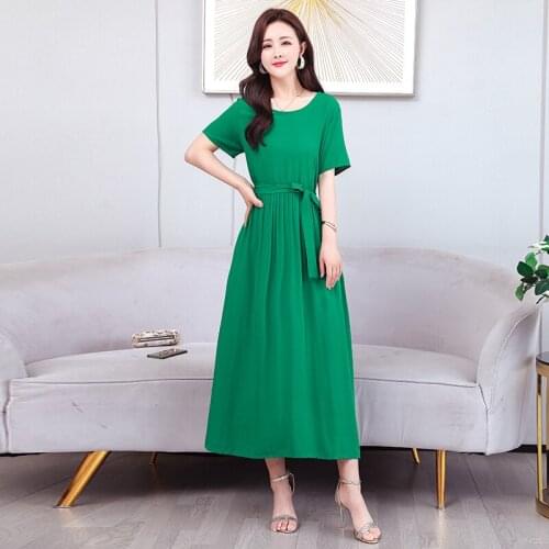 Elegant Women Dresses Ladies O-Neck Solid Color Belt Short Sleeved Loose Dress Female Vintage Party Robe Vestidos Plus Size