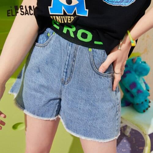 ELFSACK Solid High Waist Smart Casual Women Wide Leg Shorts 2021 Summer ELF Pure Letter Korean Ladies Basic Denim Bottoms