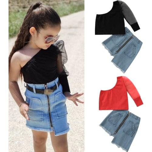Citgeett Summer Fashion Kids Girls Clothes Sets 2pcs Lace Puff Sleeve One-Shoulder Tops Blue Denim Skirts 1-6Y