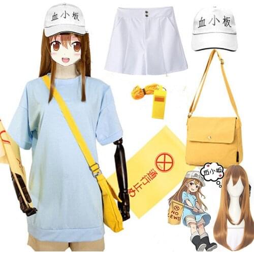 Cells at Work Cosplay Costume Platelet Cosplay Hataraku Saibou Women Costume Anime T Shirt Shorts Hat wig flag for Girl Dress