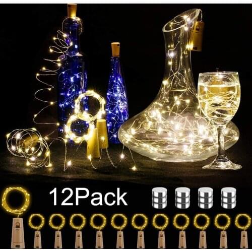 Bottle Lights, 12 Pack 2M 20 Copper Wire Battery Operated Wine with Cork LED String for DIY Bedroom Parties