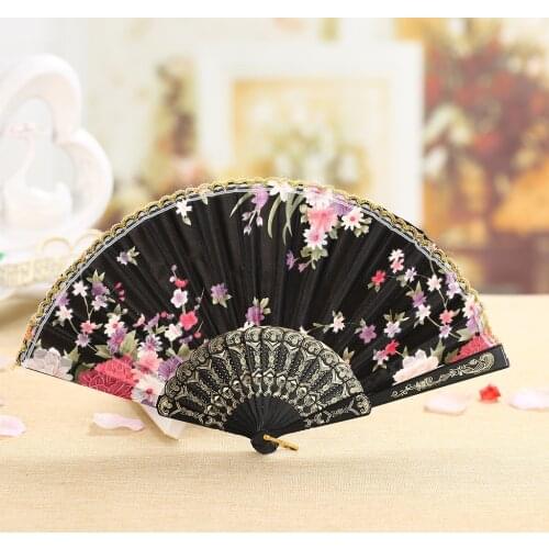 Best Chinese Style Dance Wedding Party Lace Silk Folding Hand Held Flower Fan Summer Vintage Folding Hand Held Flower Fans Decor