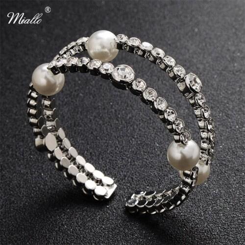 Miallo Newest Crystal Pearls Prong Setting Open Women Party Bangles Wedding Bride Bridesmaids Bracelets & Bangles