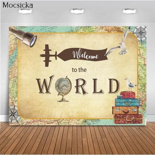 Mocsicka Nautical Map Background World Map Suitcase Photo Background Decoration Seagull Globe Photography Banner