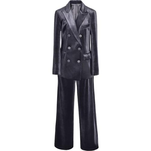 2020 Work Fashion Pant Suits 2 Piece Set for Women Double Breasted Gold Velvet Blazer Office Lady Suit Feminino Outwear LX2648