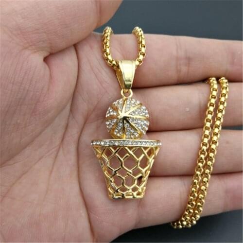 Mens Necklace Basketball Pendant With Stainless Steel Chain And Iced Out Bling Rhinestones Necklace Hip Hop Sports Jewelry