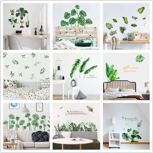 Nordic Green Plant Wall Sticker Waterproof Wallpaper Fresh Window Decoration PVC Sofa Background Decals Palm Leaves Mural