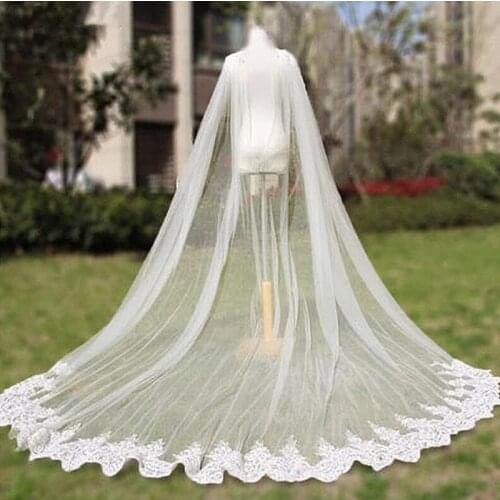 New Wedding Veils Cathedral Length One Layer Cape Bridal Cloak Lace Appliqued Long Bridal Woman Marry Gifts Accessories Manto