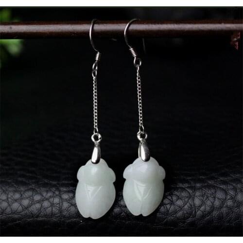 Natural jade earrings earrings 925 silver earrings long section cicada jade pendant fashion gift fashion jewelry know