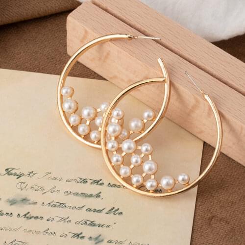 Simple Korean Pearl Metal Drop Earrings for Women Geometric Statement Gold Round Dangle Earrings 2020 New Trend Fashion Jewelry