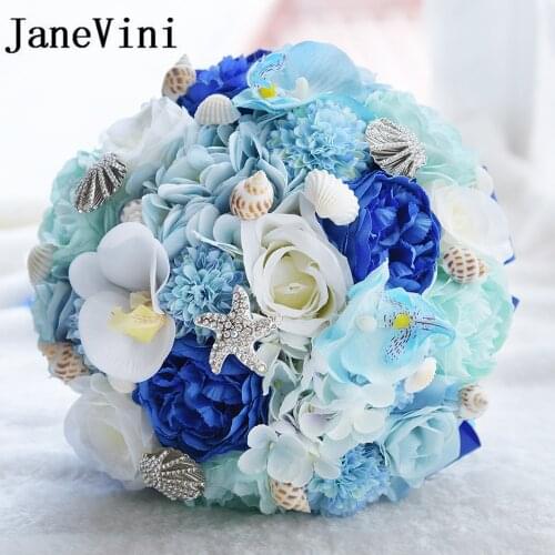 JaneVini Beach Wedding Flowers Bridal Bouquets With Beaded Silk Blue Roses Bride Brooch Bouquet De Mariage Artificiel 2018