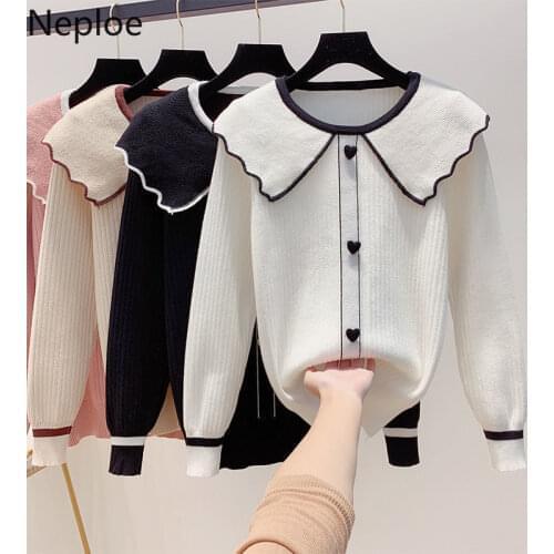Neploe Hit Color O-neck Ruffle Patchwork Sweater New Causal Love Heart Button Coat 2021 Autumn Knitted Pullovers Women 1G791