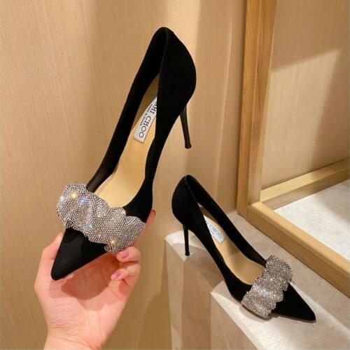 Autumn Shallow Mouth Satin Black Pointed Toe High Heels Pumps Fairy Bowknot Rhinestone Stiletto Temperament Wedding Dress Shoes