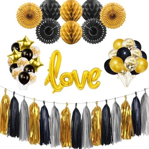 Birthday decorations Happy Birthday Banner Black Gold Balloons Heart Star Foil Balloons Paper Pompoms Tassels For Party Supplies