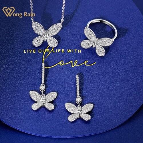 Wong Rain Luxury 925 Sterling Silver Created Moissanite Gemstone Earrings/Pendant/Necklace/Rings Wedding Jewelry Sets Wholesale