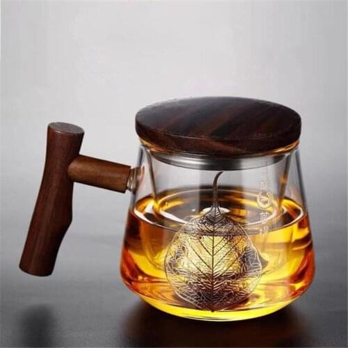 Japanese Heat Resistant Glass Filter Tea Water Separation Cup with Wooden Handle and Lid Office Strainer Mug Drinkware 420ML
